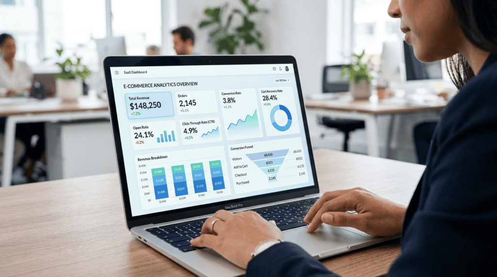 E-commerce professional analyzing abandoned cart recovery rate and revenue on an analytics dashboard.