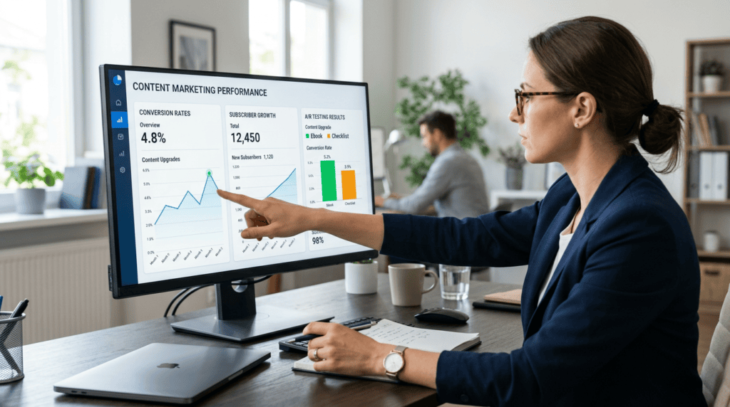 Marketing analyst examining an analytics dashboard showing content upgrade conversion rates and subscriber growth.