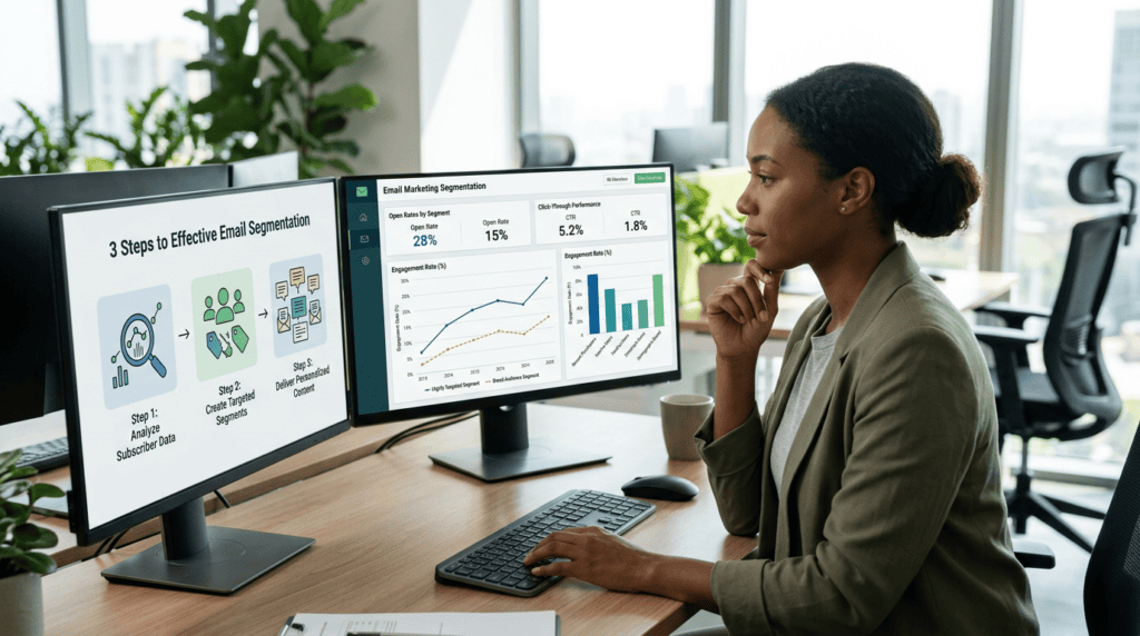 Digital marketer analyzing email segmentation performance on a multi-monitor workstation.