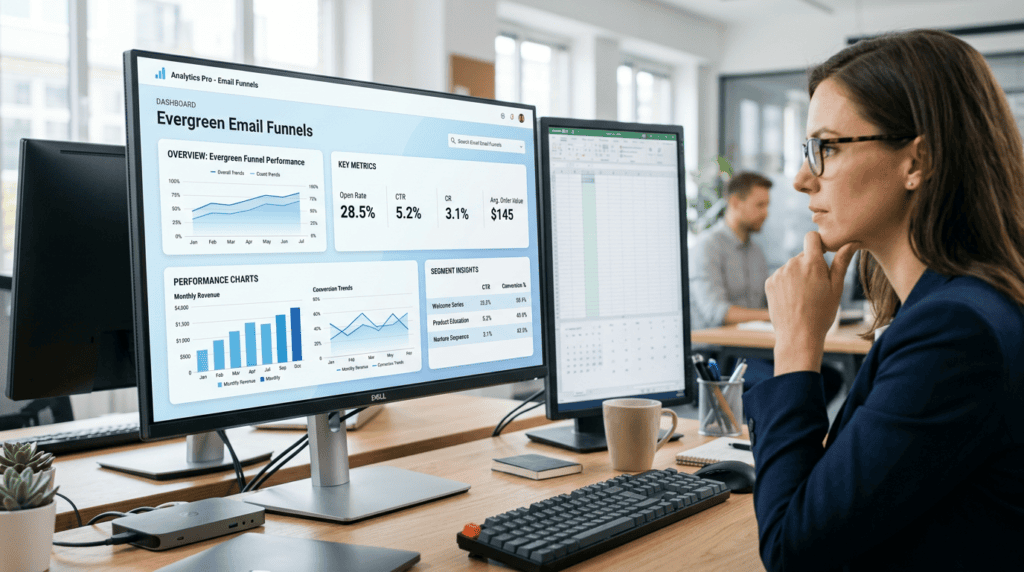 Marketing analyst reviewing an analytics dashboard with key metrics for evergreen email funnel performance.