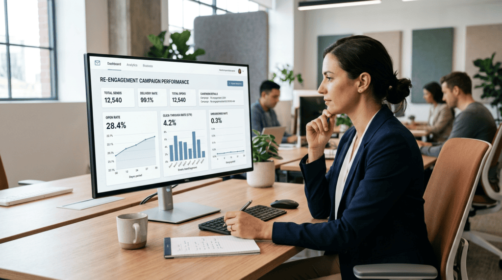 Email marketer analyzing re-engagement email campaign metrics like open rate and CTR on an analytics dashboard.