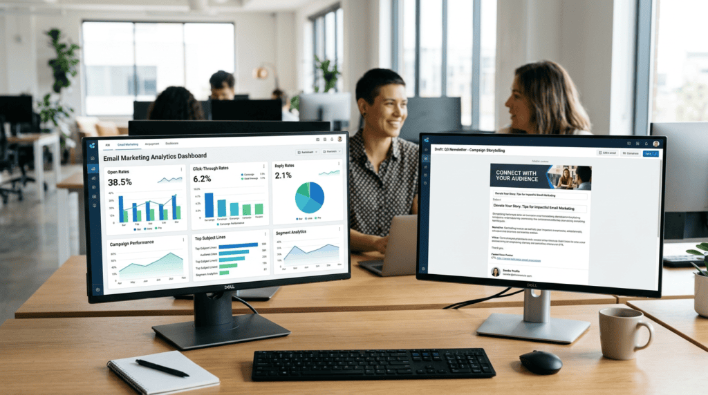 Multi-monitor setup displaying email marketing analytics, measuring success of story-driven emails.