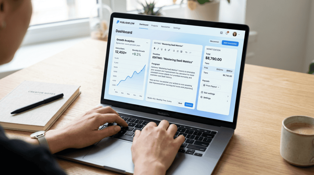 Creator typing on laptop, showcasing a modern paid newsletter platform dashboard with subscriber growth metrics.