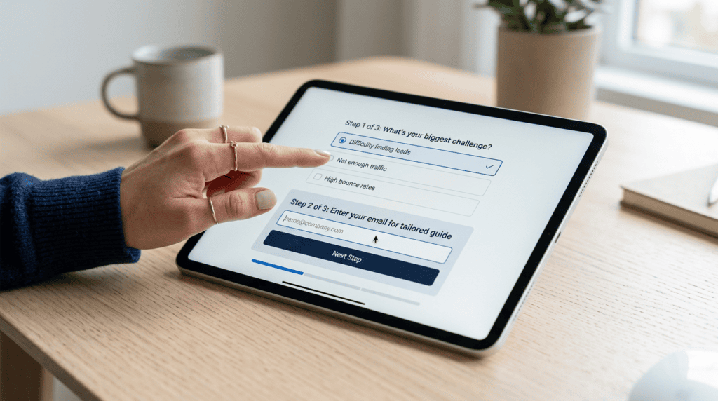 Tablet displaying a multi-step form, illustrating an effective way to capture email addresses gradually.