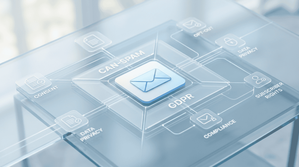 Complex legal framework for email marketing regulations, showing interconnected CAN-SPAM and GDPR documents.