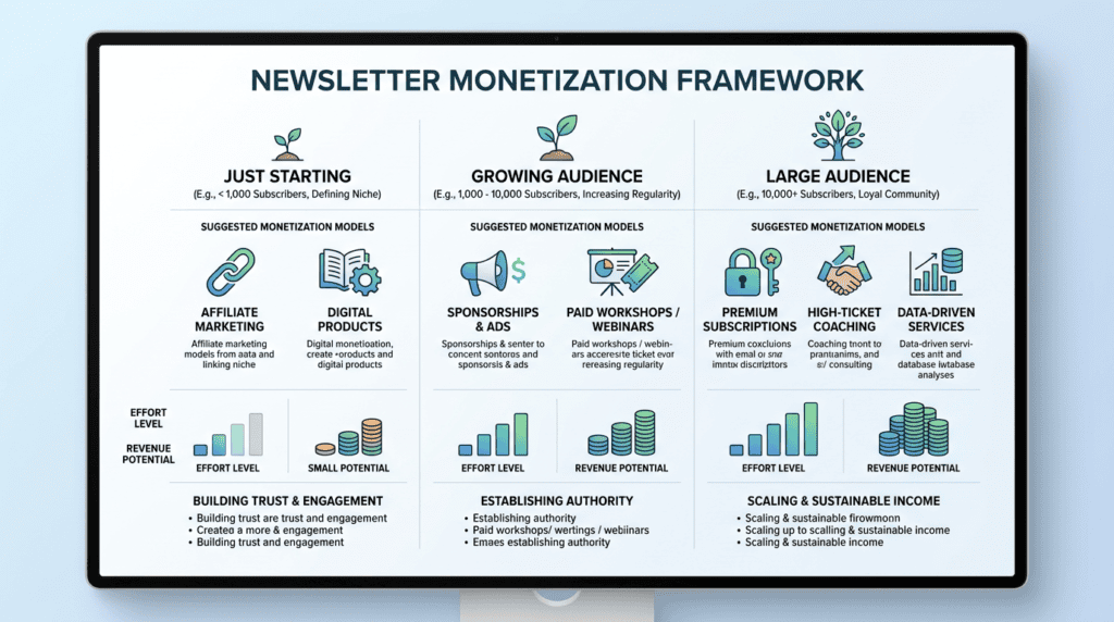 Infographic comparing email newsletter monetization models based on audience size and revenue potential.