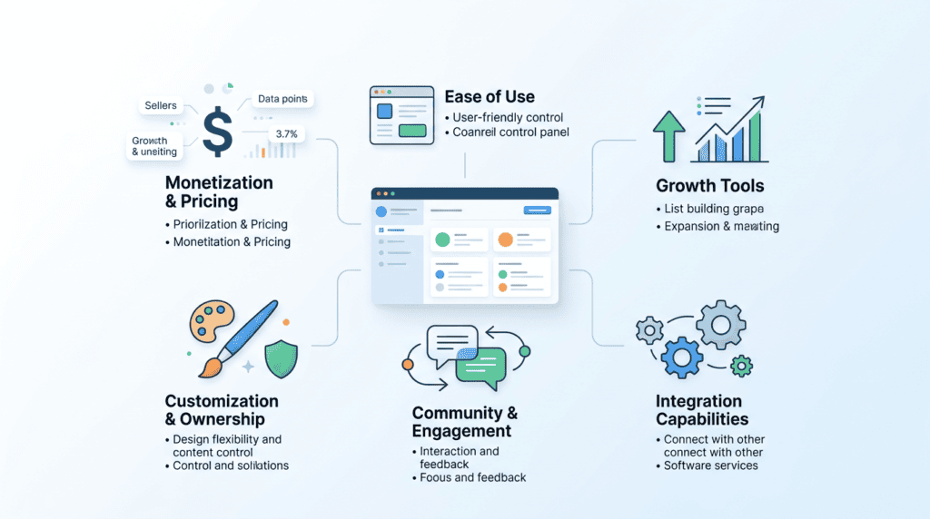 Infographic detailing six key evaluation criteria for choosing paid newsletter platforms.
