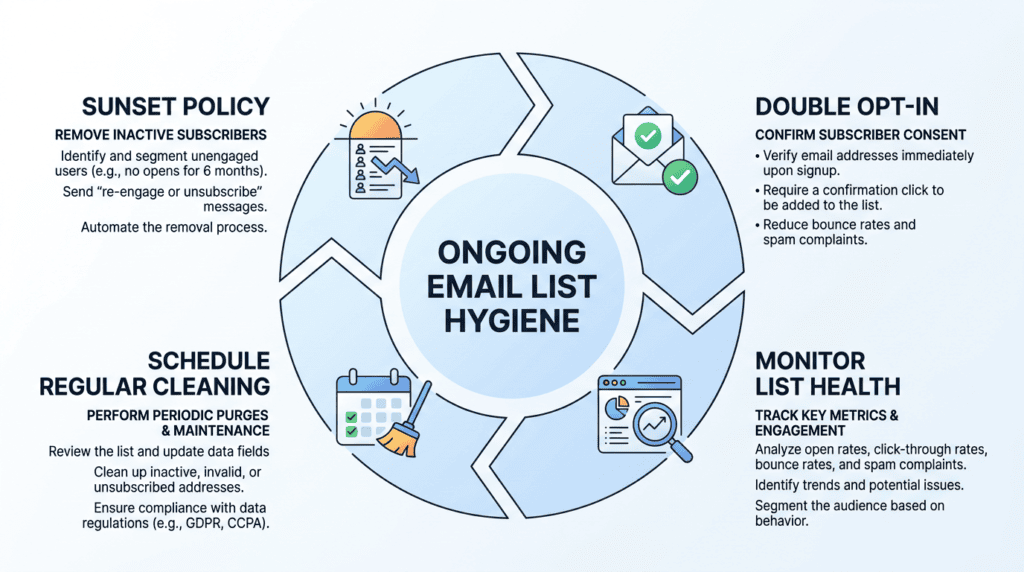Circular infographic illustrating ongoing email list hygiene practices like sunset policy and double opt-in.