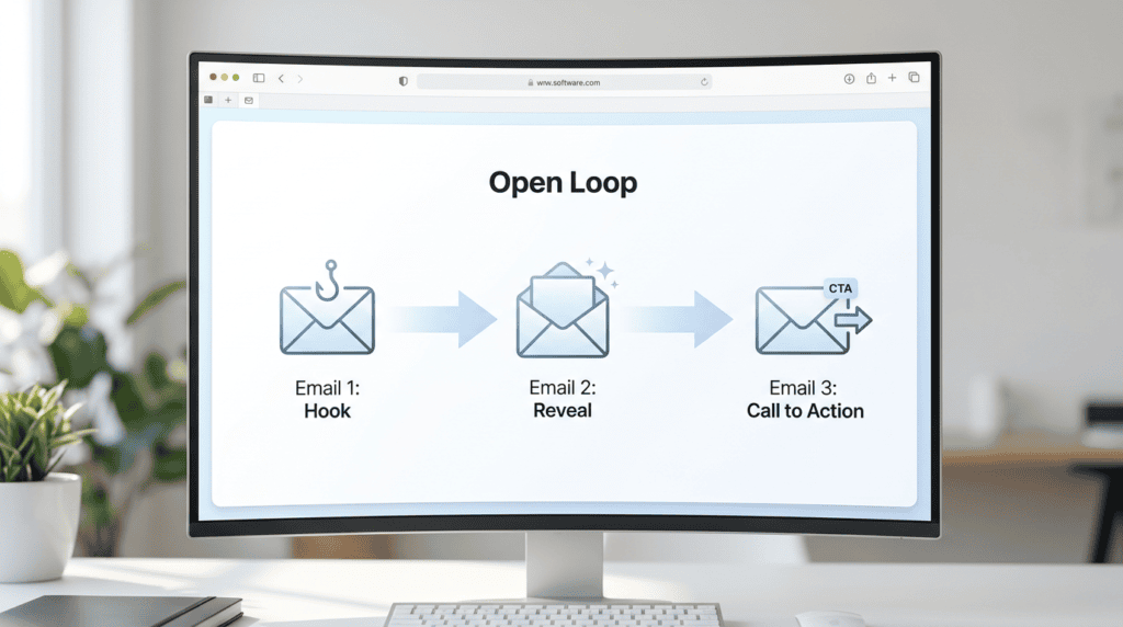 Workflow diagram depicting the Open Loop email sequence template for building product launch anticipation.