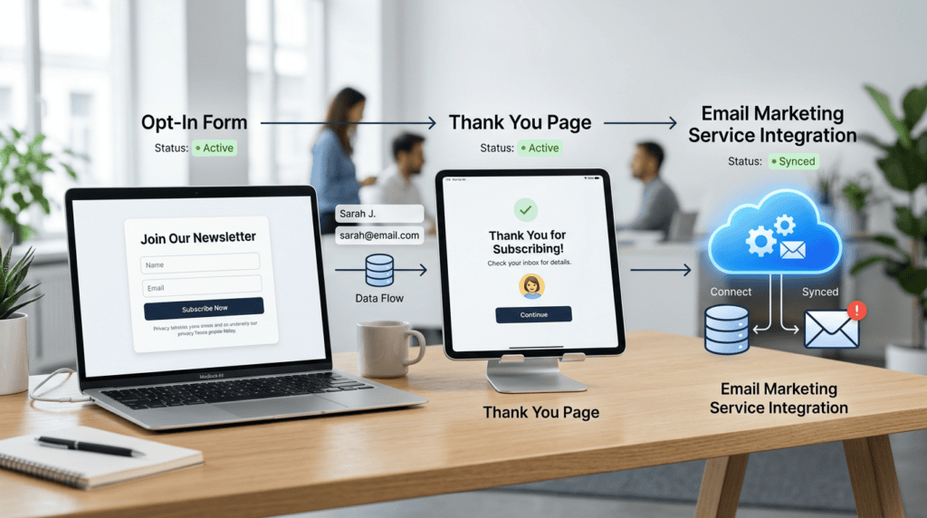 Workflow diagram of opt-in form, thank you page, and email marketing integration.