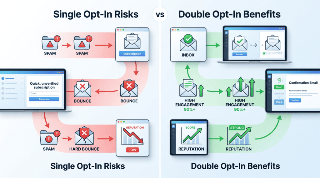 Infographic showing single opt-in risks versus double opt-in benefits for email deliverability.