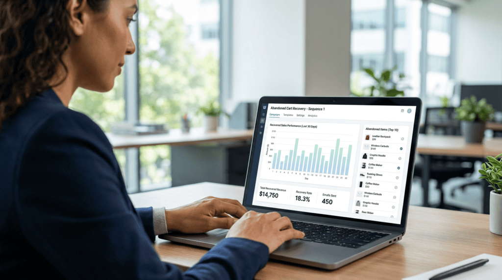 Professional reviewing an abandoned cart email sequence dashboard on a laptop, showing recovered sales.