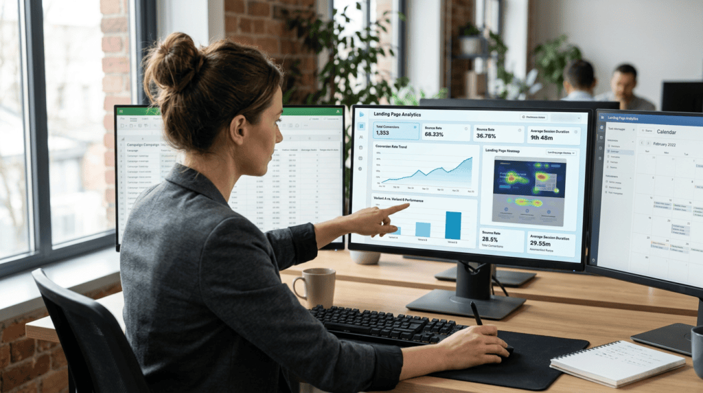 Marketing professional analyzing landing page conversion rates and A/B test results on multiple monitors.