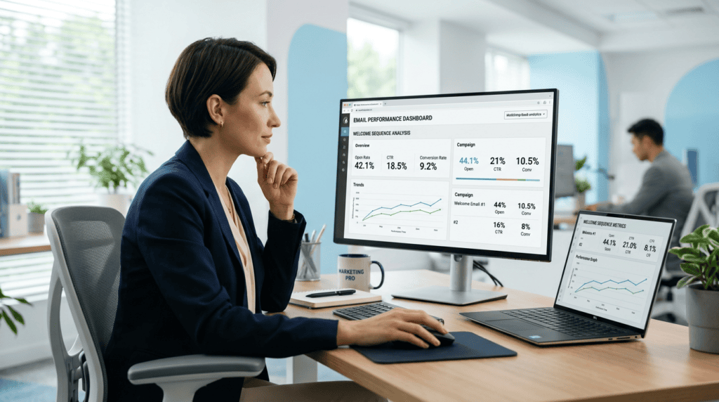 Marketing specialist analyzing welcome email sequence performance metrics on a monitor, optimizing for better engagement and conversions.