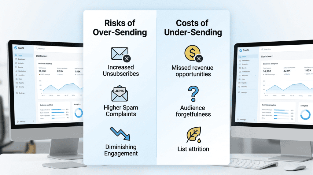 Comparison infographic showing the risks of sending marketing emails too often versus too infrequently.
