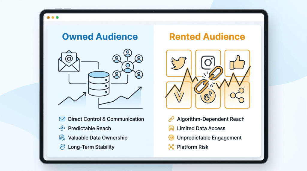 Comparison visual illustrating owned email audience versus rented social media audience.