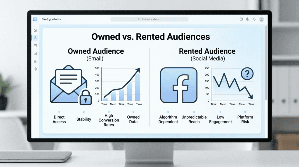 Comparison visual contrasting owned email audiences with rented social media audiences, highlighting control and stability.