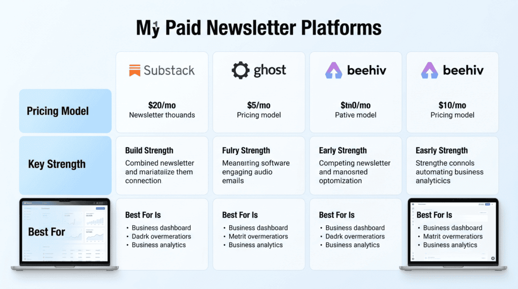 Infographic comparing pricing models and key strengths of top paid newsletter platforms for creators.