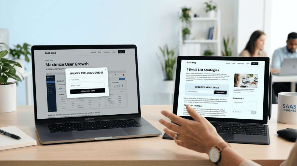 A comparison of popups vs inline forms for email list growth on laptop and tablet screens in a modern workspace.