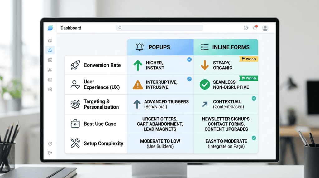Infographic comparing popups and inline forms across conversion, UX, targeting, use case, and setup complexity.