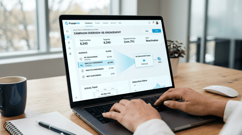 Laptop displaying an email marketing dashboard for re-engagement email campaigns targeting inactive subscribers.