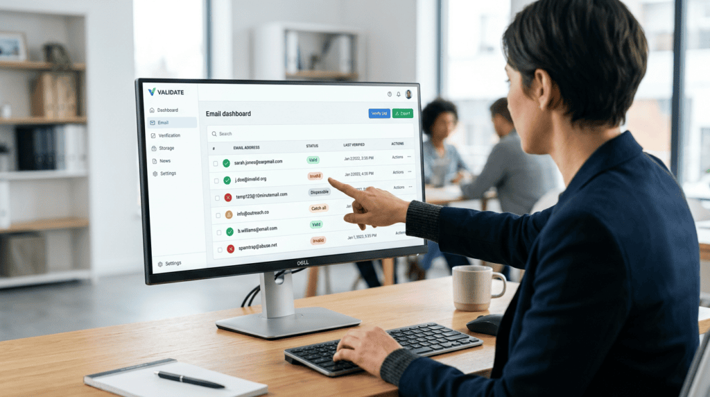 Professional using a real-time email verification service dashboard to clean an email list.