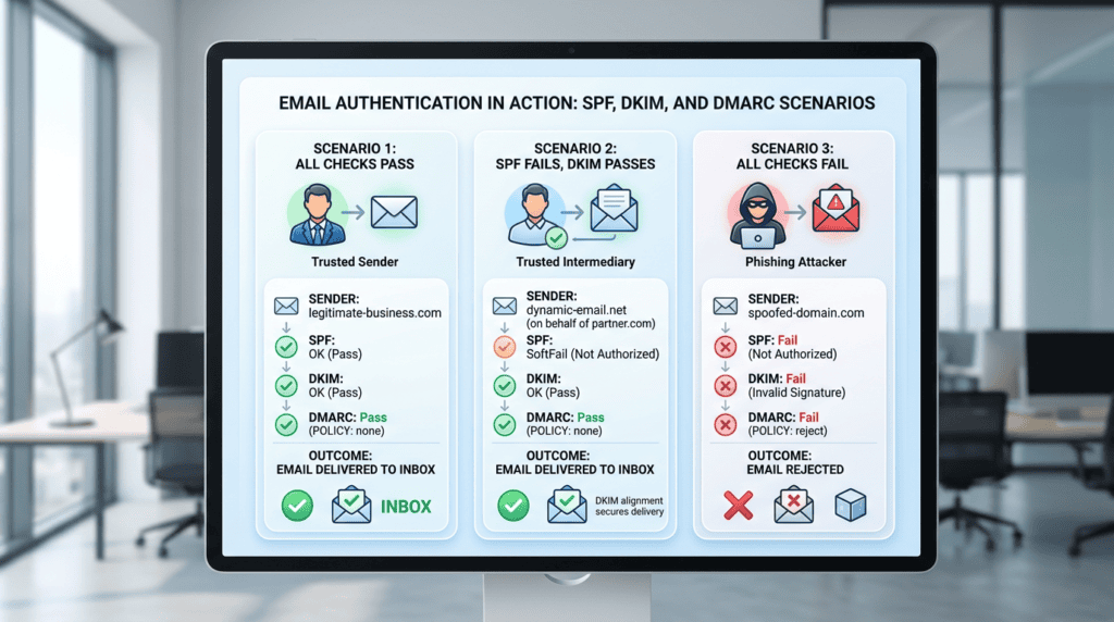 Comparison visual of SPF DKIM DMARC explained scenarios and their impact on email deliverability.
