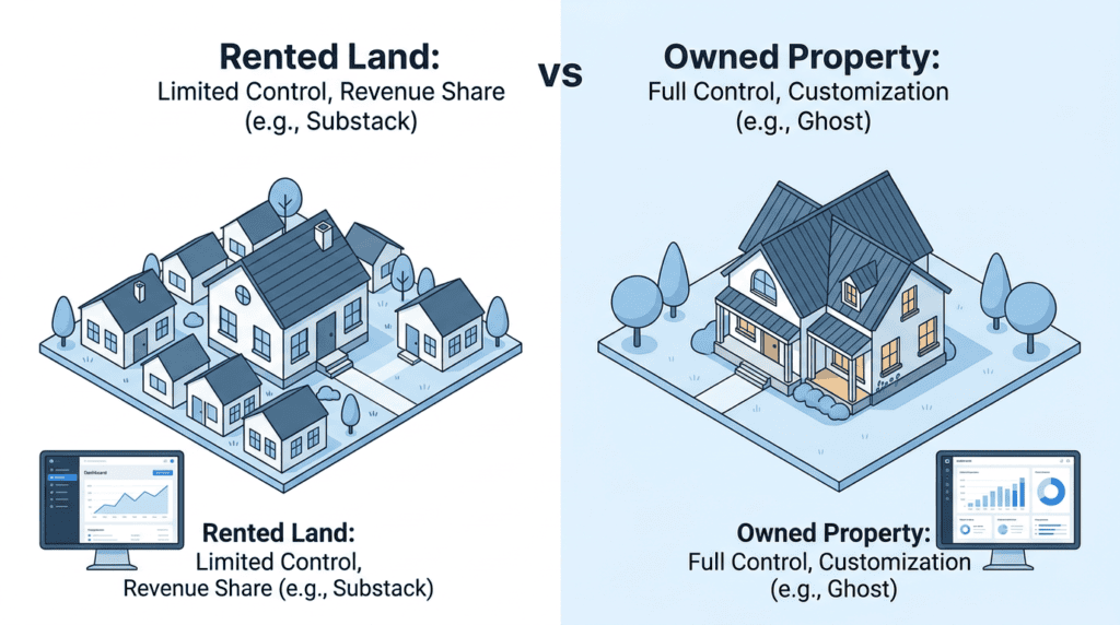 Infographic comparing 'Rented Land' vs. 'Owned Property' for paid newsletter platforms like Substack and Ghost.