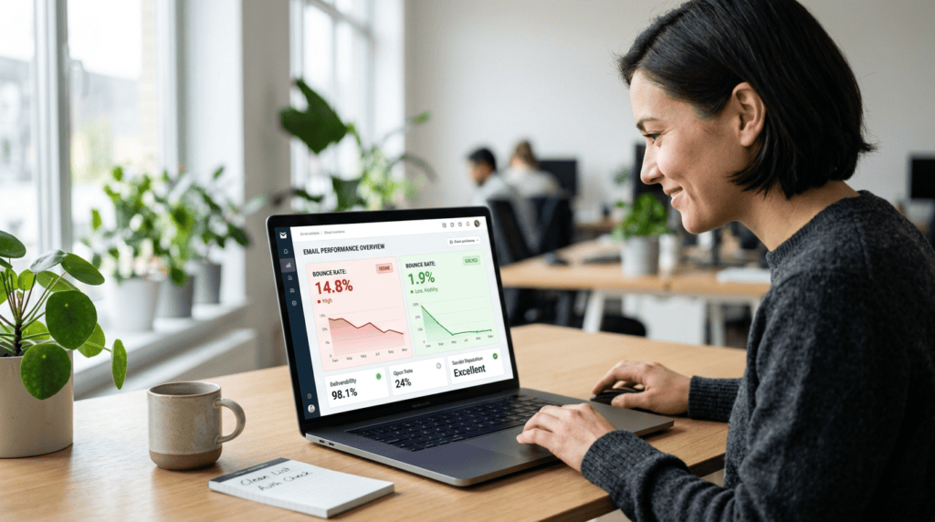 Email marketing dashboard showing a high bounce rate being fixed, with a professional analyzing data.
