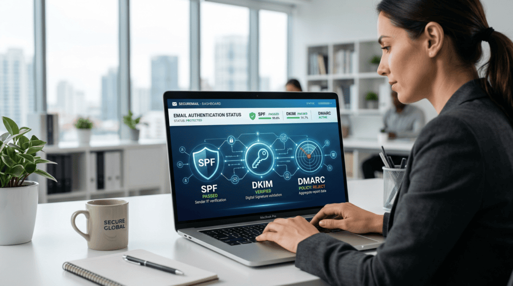 Hero image showing a laptop screen with SPF DKIM DMARC explained as interconnected email authentication protocols.