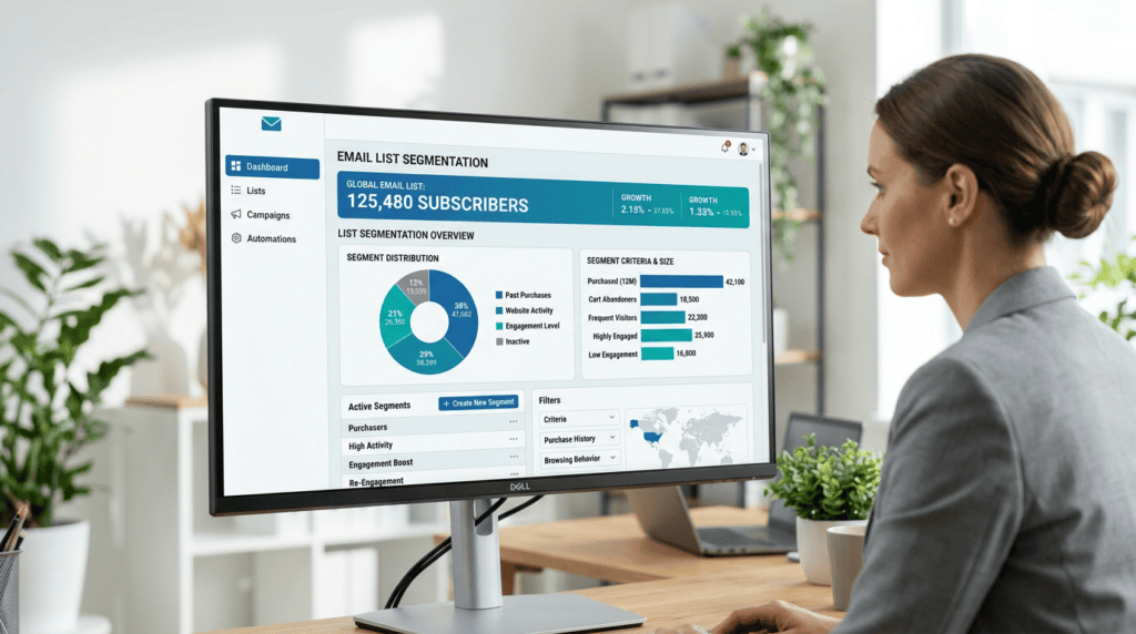 Email marketing dashboard showing audience segmentation tools for targeted communication.