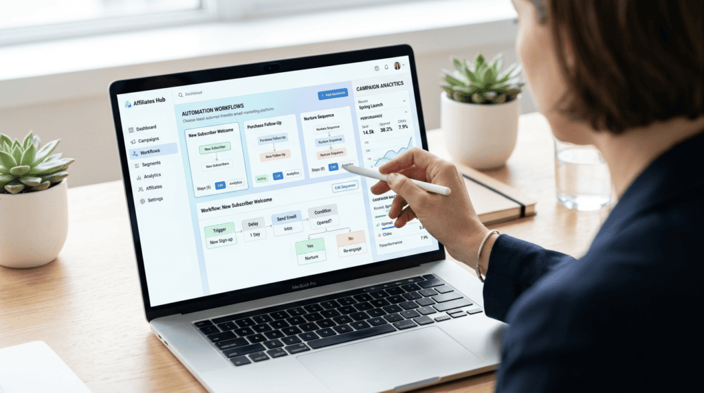 Professional evaluating an affiliate-friendly email marketing platform dashboard on a laptop.