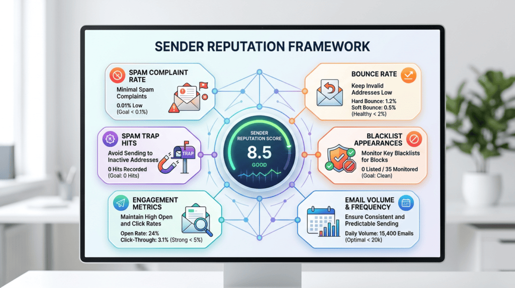 Framework visual explaining key factors influencing email sender reputation and its score.