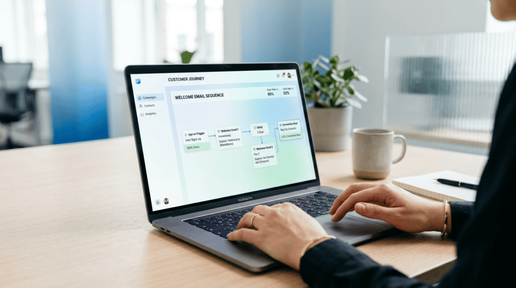 Professional working on a laptop, setting up an automated welcome email sequence workflow on an email marketing dashboard.