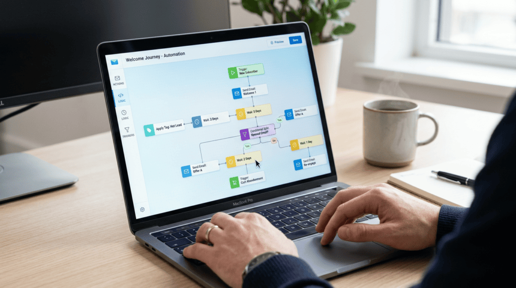 Professional setting up an evergreen email funnel automation workflow on an email marketing platform dashboard.