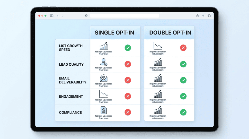 Infographic comparing single opt-in and double opt-in benefits for email marketing.