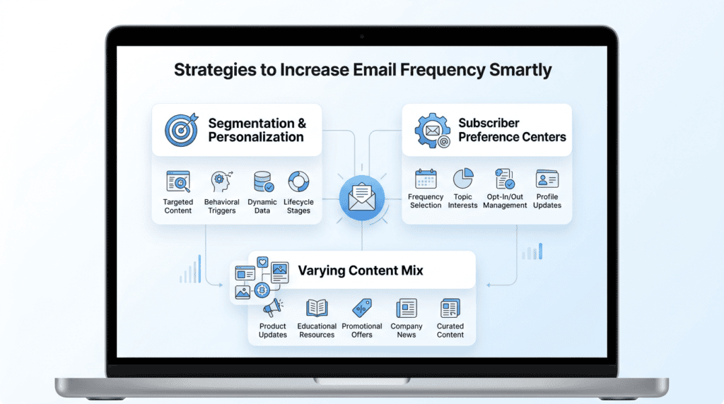 Infographic showing strategies to increase email sending frequency without causing subscriber fatigue.