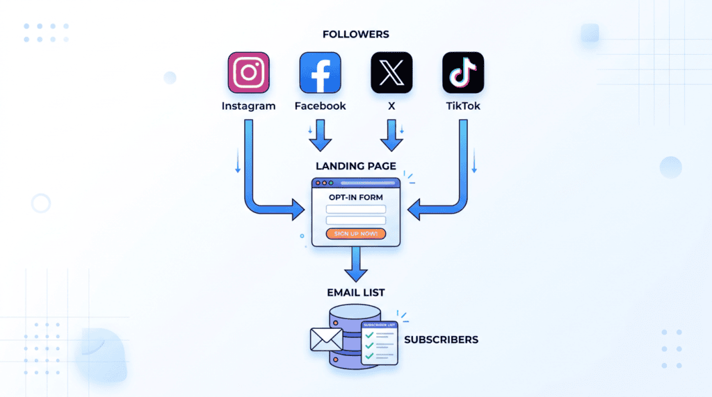 Workflow diagram showing how social media followers are funneled to an email list.