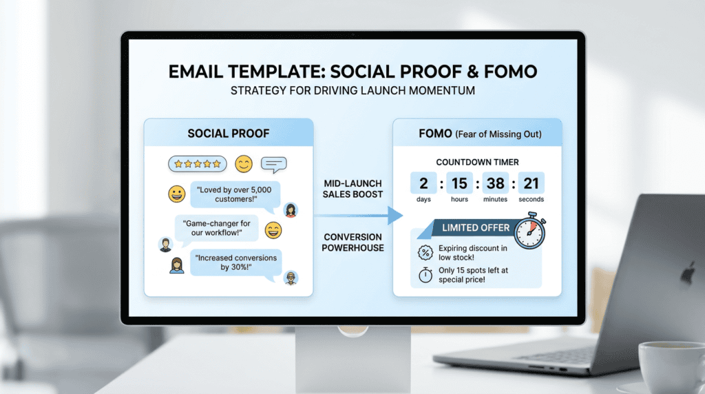 Infographic explaining the Social Proof and FOMO email template for driving mid-launch sales conversions.