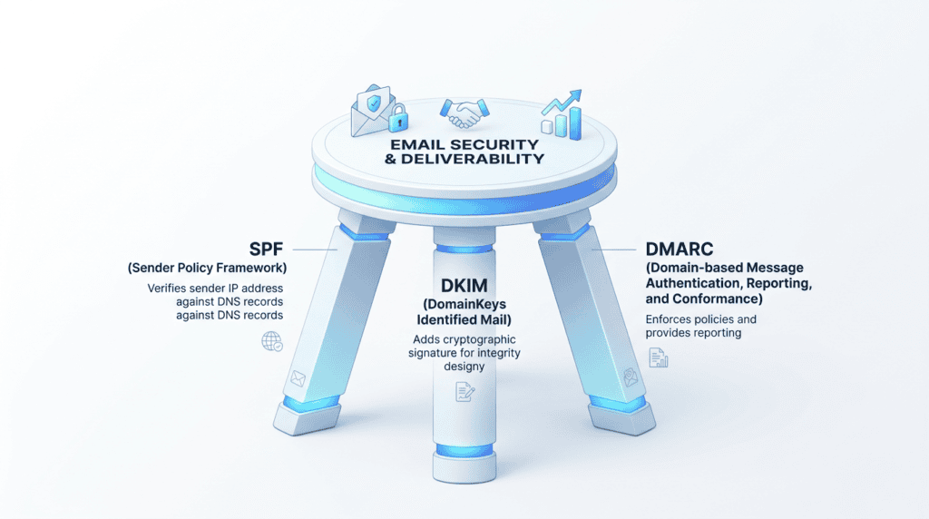 Infographic showing SPF DKIM DMARC explained as a three-legged stool for email security.