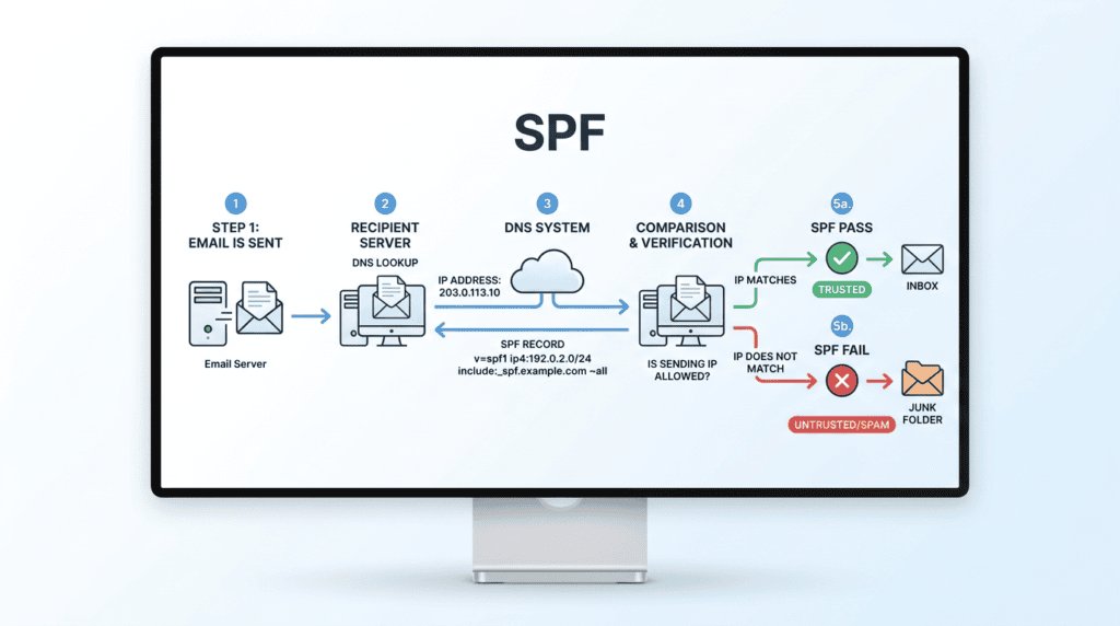 Workflow diagram illustrating how SPF DKIM DMARC explained sender verification works.