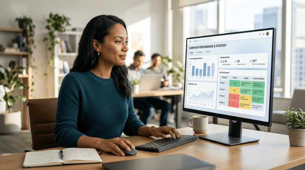 Professional reviewing analytics on a monitor, symbolizing a strategic decision for choosing the best email marketing platform.