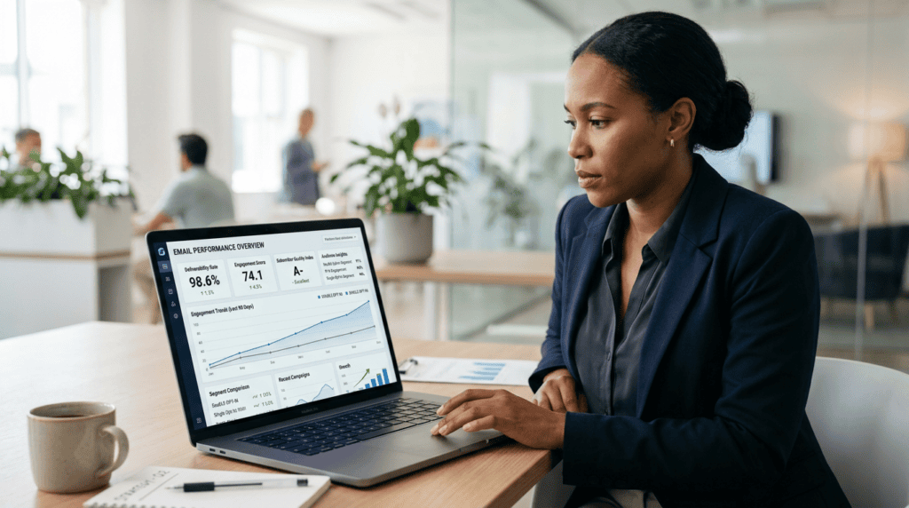 Marketing professional analyzing email deliverability and engagement metrics on a dashboard.