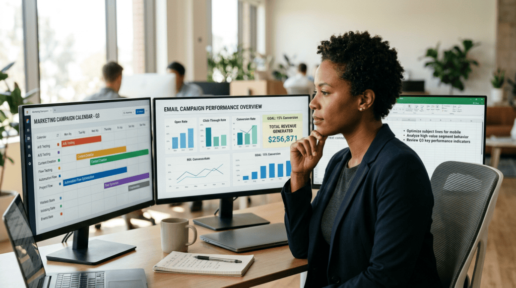 Marketing strategist making strategic decisions for email campaigns, aiming for a good email open rate and conversions.