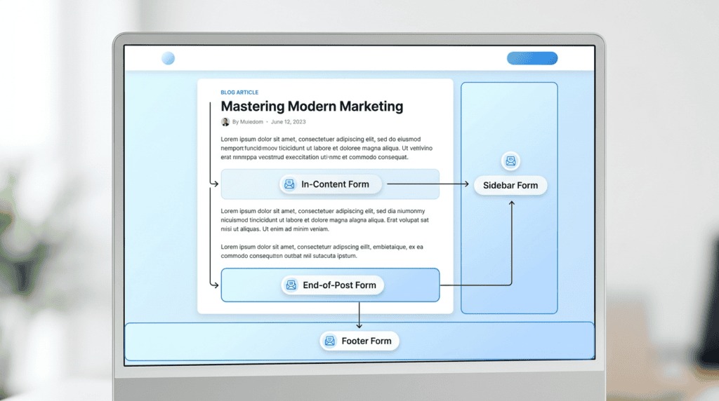 Diagram showing strategic inline form placements: end-of-post, in-content, sidebar, and footer.