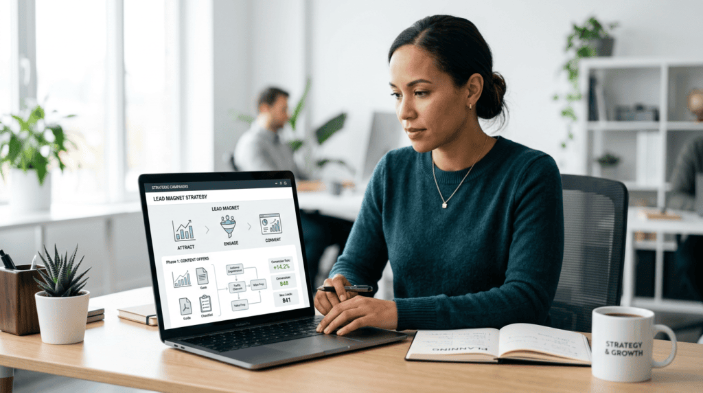 Professional marketer making strategic decisions for a high-value lead magnet on a laptop.
