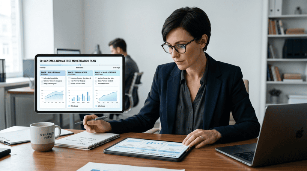 Professional reviewing a 90-day email newsletter monetization plan on a digital display.