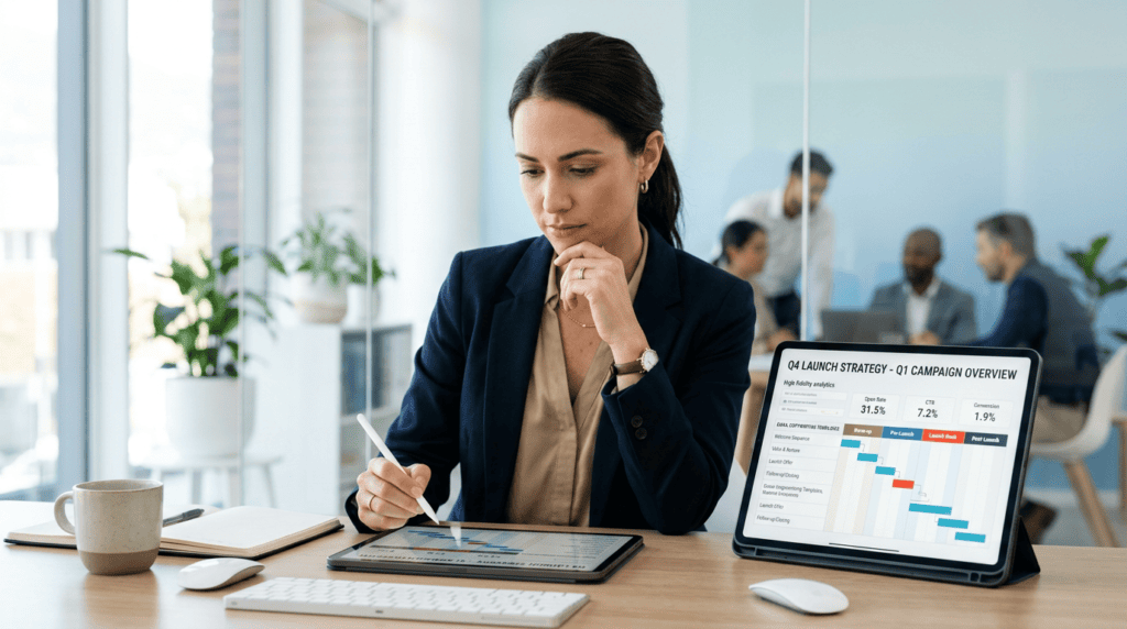 An experienced marketing strategist reviewing email copywriting templates and campaign strategy for product launches.