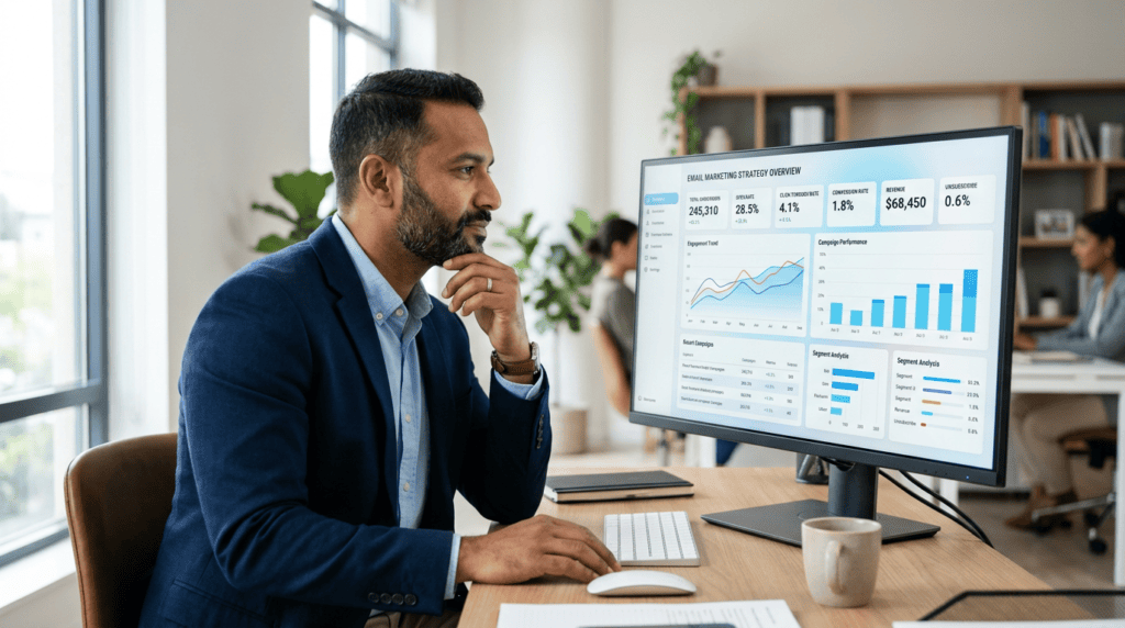Business strategist reviewing email marketing analytics on a large monitor, confirming its importance.