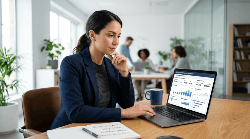 Professional marketer building sustainable affiliate revenue by ethically promoting products to an email list, focusing on long-term relationships.